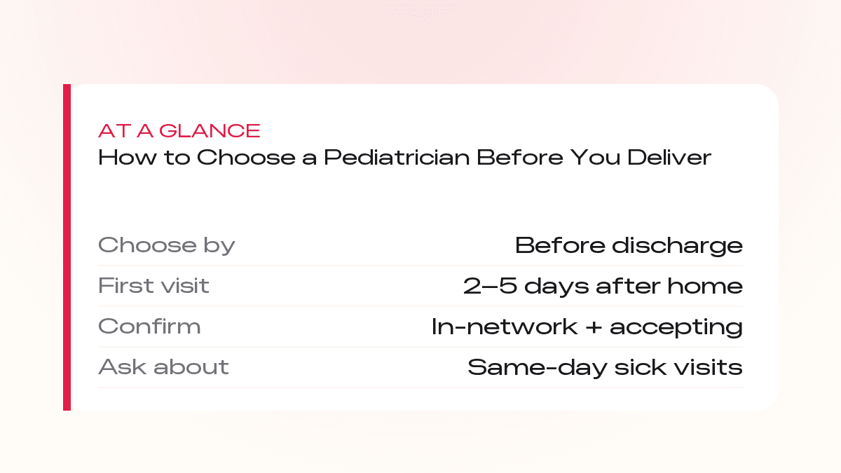At a glance: choosing a pediatrician — decide before discharge, first visit 2 to 5 days after home